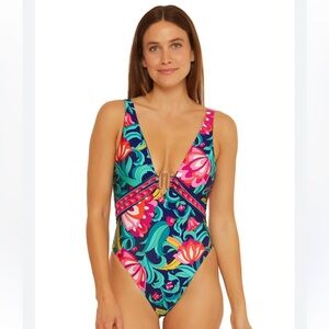 Trina Turk India Garden floral navy red pink green swim one piece wire plunge